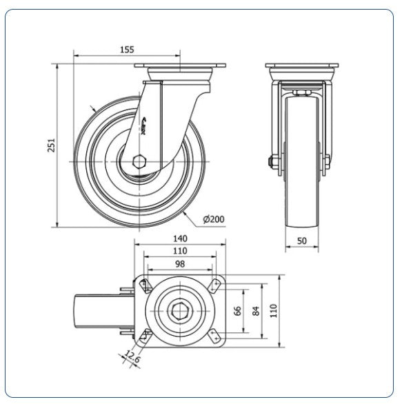 PU zwenkwiel met topplaat - 200mm - 600kg