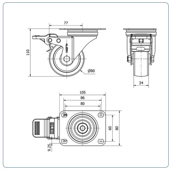 Nylon RVS zwenkwiel geremd met topplaat - 80mm - 200kg