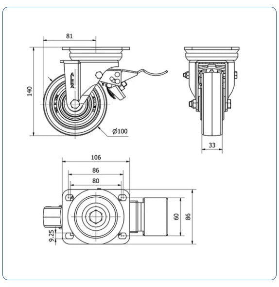 PU zwenkwiel geremd met topplaat - 100mm - 200kg