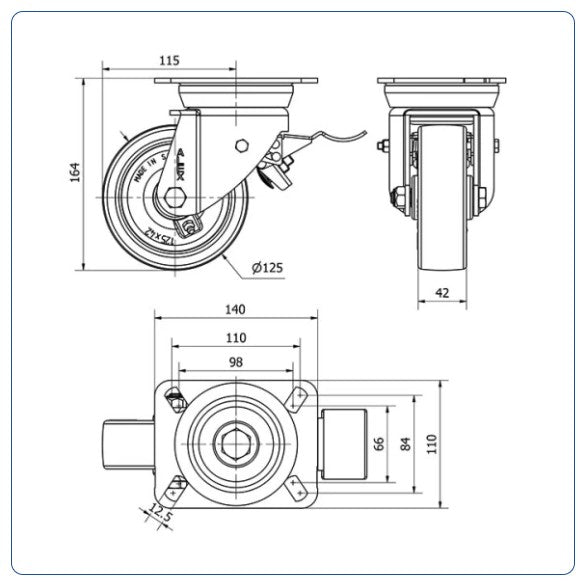 PU zwenkwiel geremd met topplaat - 125mm - 300kg