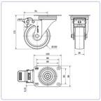 Nylon RVS zwenkwiel geremd met topplaat - 100mm - 200kg