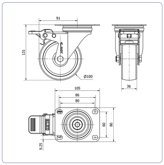 Nylon RVS zwenkwiel geremd met topplaat - 100mm - 200kg