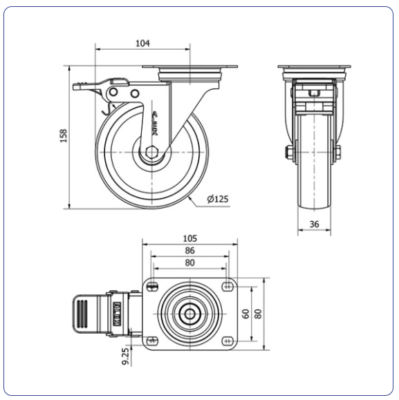 Nylon RVS zwenkwiel geremd met topplaat - 125mm - 250kg