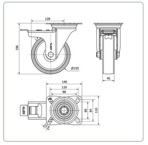 Nylon RVS zwenkwiel geremd met topplaat - 150mm - 400kg