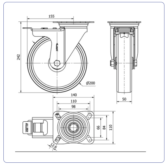 Nylon RVS zwenkwiel geremd met topplaat - 200mm - 500kg