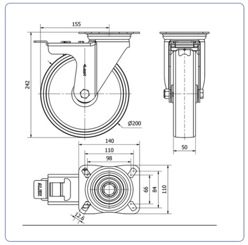 Nylon RVS zwenkwiel geremd met topplaat - 200mm - 500kg