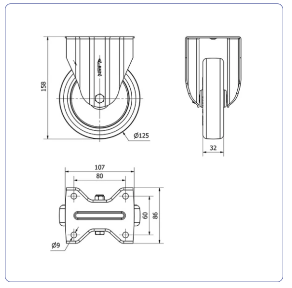 Polyurethaan RVS bokwiel - 125mm - 220kg RVS rollen