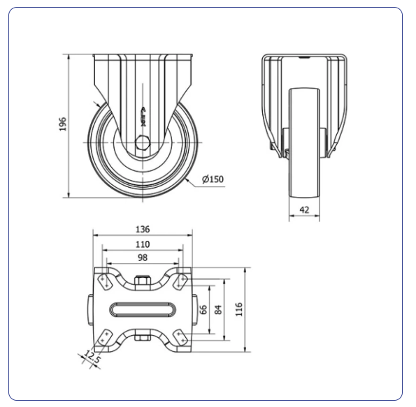 Polyurethaan RVS bokwiel - 150mm - 300kg RVS rollen
