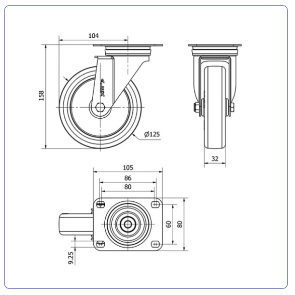 Polyurethaan zwenkwiel met topplaat - 125mm - 220kg RVS rollen