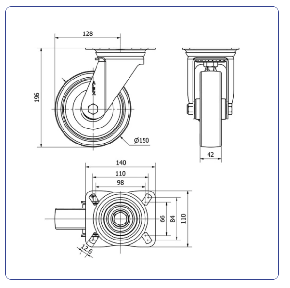 Polyurethaan zwenkwiel met topplaat - 150mm - 300kg RVS rollen
