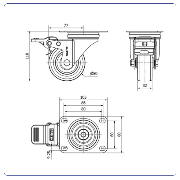PU RVS zwenkwiel geremd blauw met topplaat - 80mm - 130kg