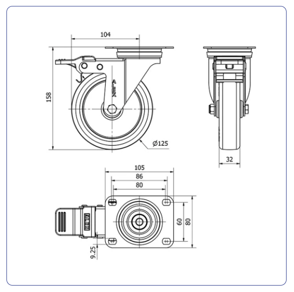 Polyurethaan RVS zwenkwiel geremd met topplaat - 125mm - 220kg