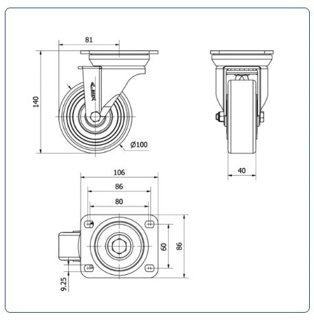 PU zwenkwiel met topplaat - 100mm - 400kg Kogellager