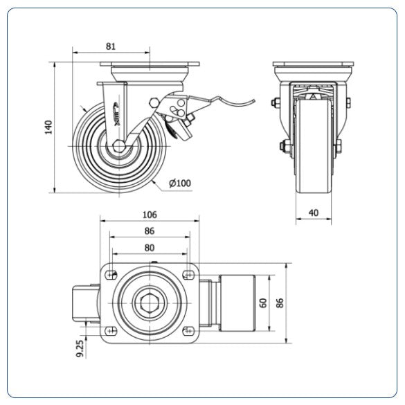 PU zwenkwiel geremd met topplaat - 100mm - 400kg Kogellager