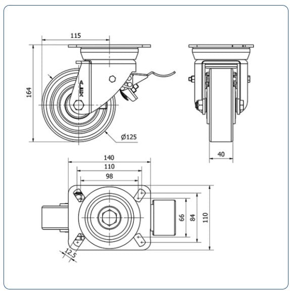 PU zwenkwiel geremd met topplaat - 125mm - 450kg Kogellager