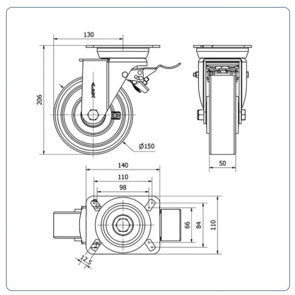 PU zwenkwiel geremd met topplaat - 150mm - 750kg Kogellager
