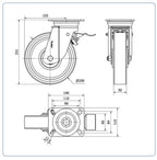 PU zwenkwiel geremd met topplaat - 200mm - 800kg Kogellager