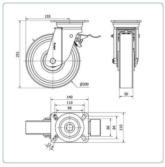 PU zwenkwiel geremd met topplaat - 200mm - 800kg Kogellager