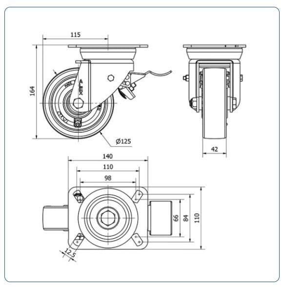PU zwenkwiel geremd met topplaat - 125mm - 300kg Kogellager