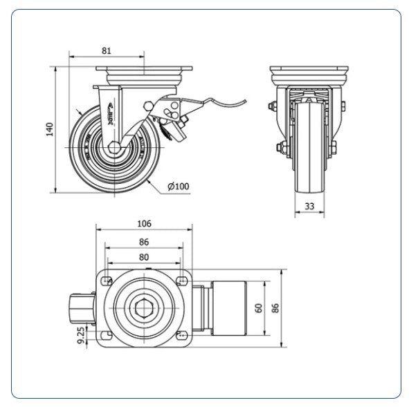 PU zwenkwiel geremd met topplaat - 100mm - 200kg Kogellager