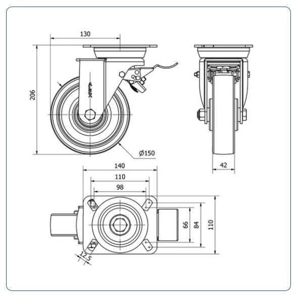 PU zwenkwiel geremd met topplaat - 150mm - 450kg