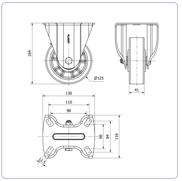 PU aluminium bokwiel  - 125mm - 500kg Kogellager