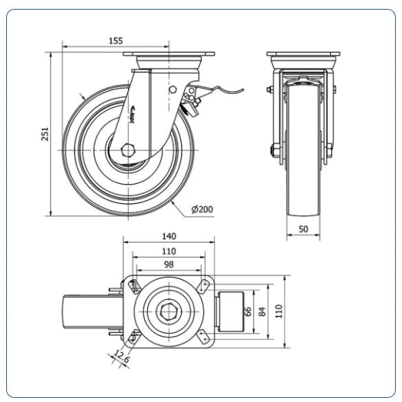 PU zwenkwiel geremd met topplaat - 200mm - 600kg Kogellager