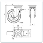 PU zwenkwiel geremd met topplaat - 200mm - 600kg Kogellager