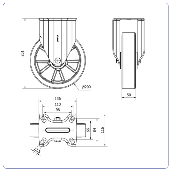 PU aluminium bokwiel  - 200mm - 800kg Kogellager
