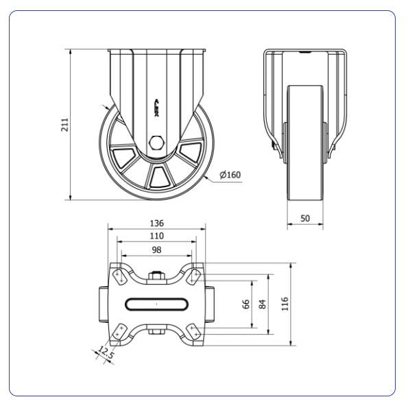 PU aluminium bokwiel  - 160mm - 700kg Kogellager