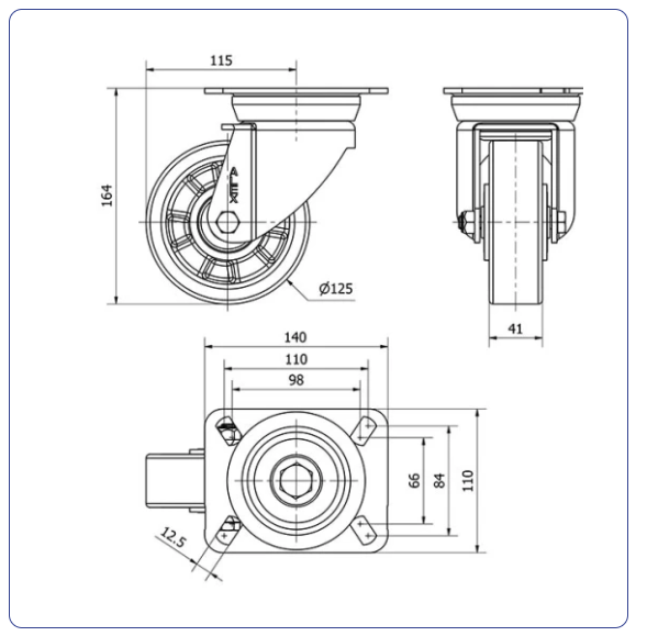 PU aluminium zwenkwiel met topplaat  - 125mm - 500kg Kogellager