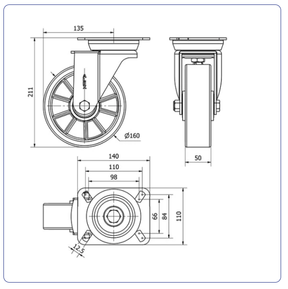 PU aluminium zwenkwiel met topplaat  - 160mm - 700kg Kogellager