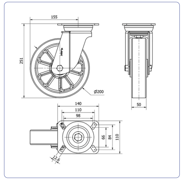 PU aluminium zwenkwiel met topplaat  - 200mm - 800kg Kogellager