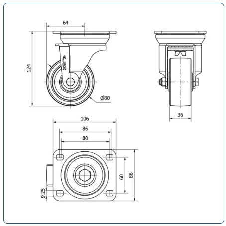 Nylon zwenkwiel met topplaat - 80mm - 300kg