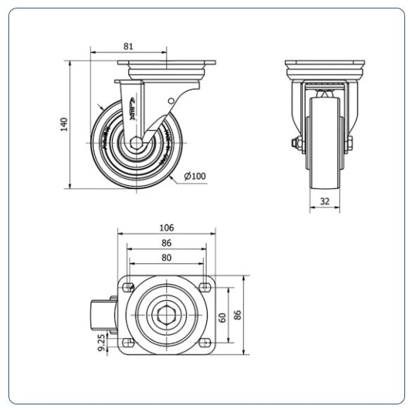 Nylon zwenkwiel met topplaat - 100mm - 400kg Kogellager