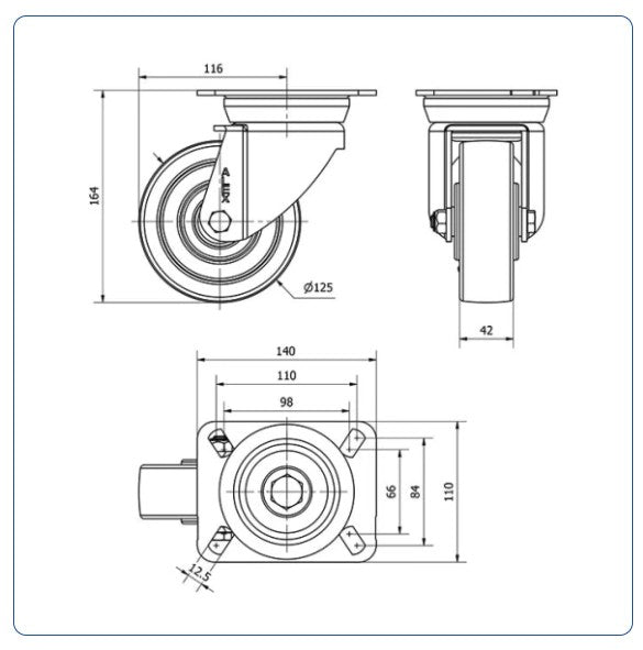 Nylon zwenkwiel met topplaat - 125mm - 600kg Kogellager