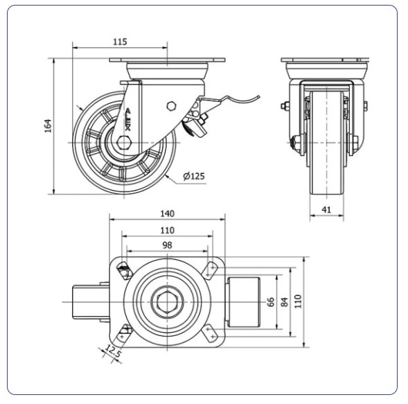 PU aluminium zwenkwiel geremd met topplaat  - 160mm - 700kg Kogellager