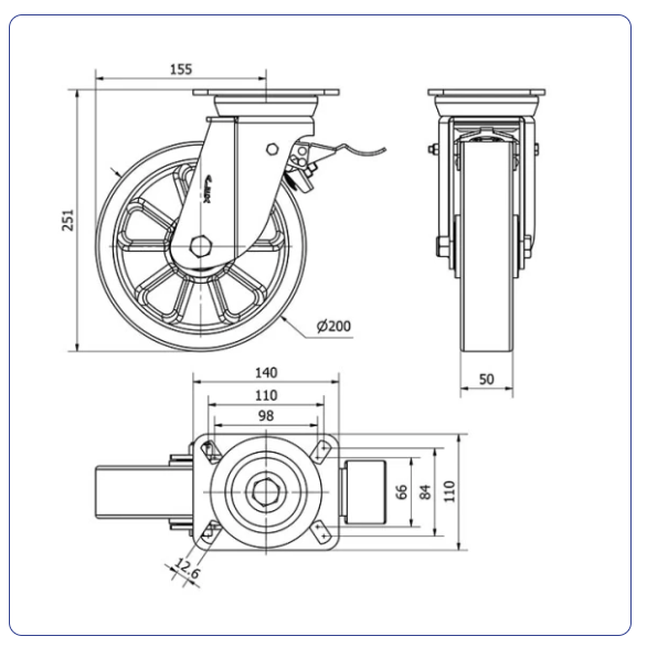 PU aluminium zwenkwiel geremd met topplaat  - 200mm - 800kg Kogellager