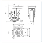 Nylon zwenkwiel met topplaat - 150mm - 750kg Kogellager