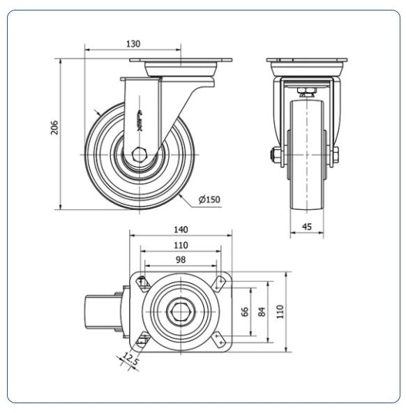 Nylon zwenkwiel met topplaat - 150mm - 750kg Kogellager