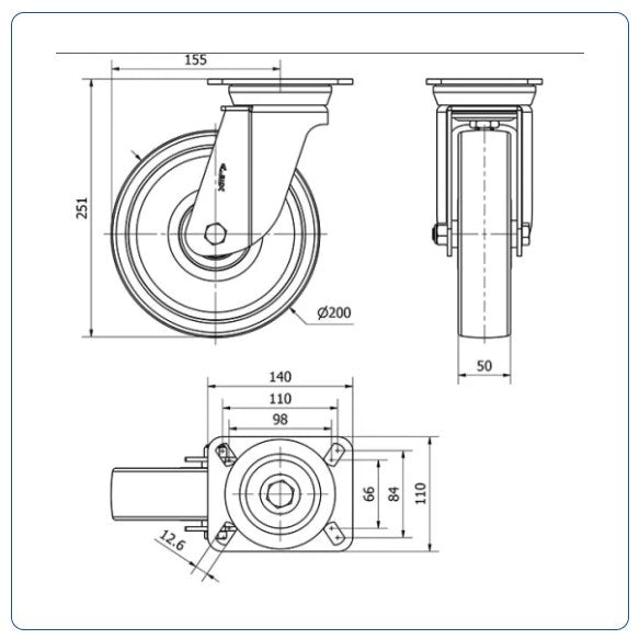 Nylon zwenkwiel met topplaat - 200mm - 800kg Kogellager