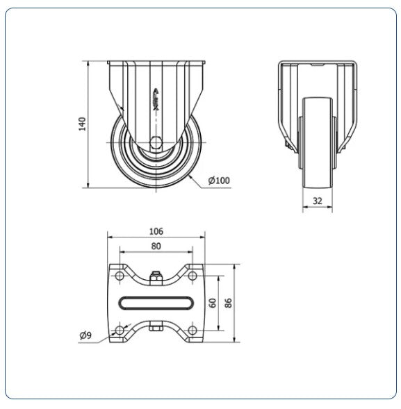 Nylon bokwiel - 100mm - 400kg Kogellager