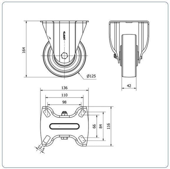 Nylon bokwiel - 125mm - 600kg Kogellager