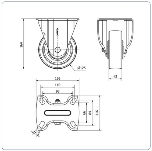 Nylon bokwiel - 125mm - 600kg Kogellager