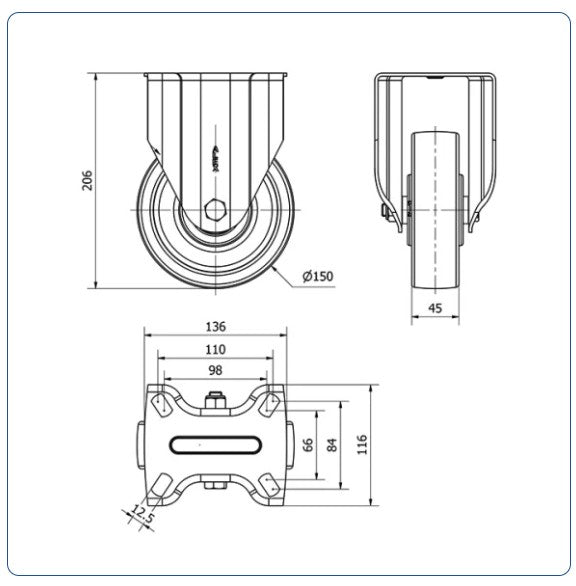 Nylon bokwiel - 150mm - 750kg Kogellager