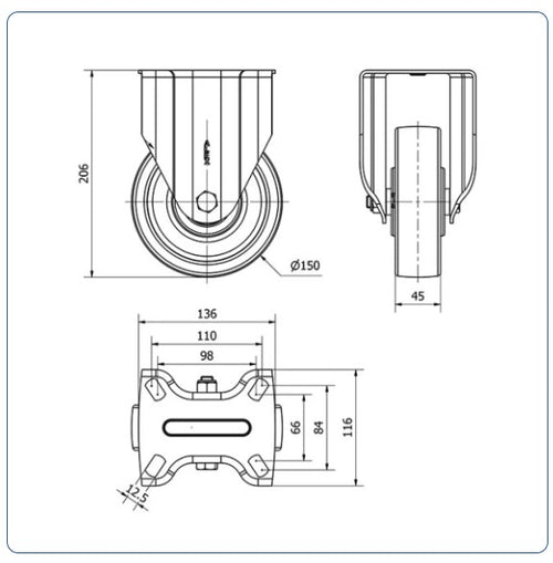 Nylon bokwiel - 150mm - 750kg Kogellager