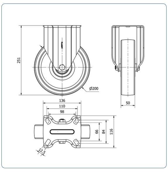 Nylon bokwiel - 200mm - 800kg Kogellager