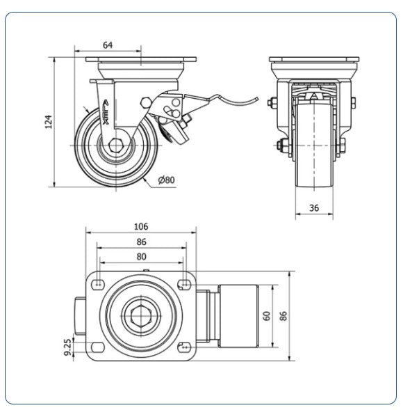 Nylon zwenkwiel geremd met topplaat - 80mm - 300kg