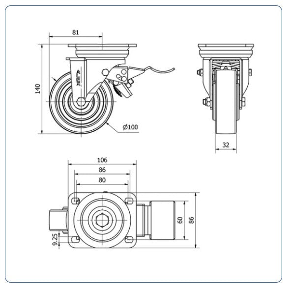 Nylon zwenkwiel geremd met topplaat - 100mm - 400kg Kogellager