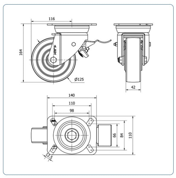 Nylon zwenkwiel geremd met topplaat - 125mm - 600kg Kogellager